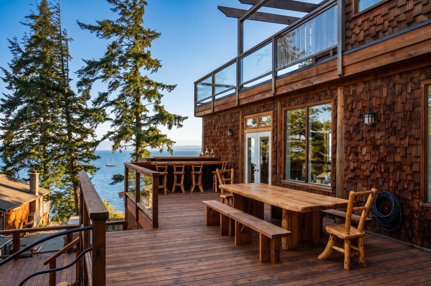 The upper deck and long table in full sun